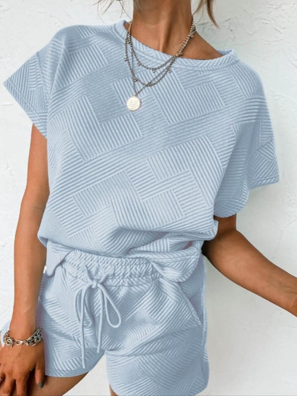 Boho Resort Textured Geometric Knit Two Piece Shorts Set Matching Lounge Co-Ord